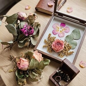 2x Elegant Pink Rose And Purple Dry Flower Bouquet With Greens